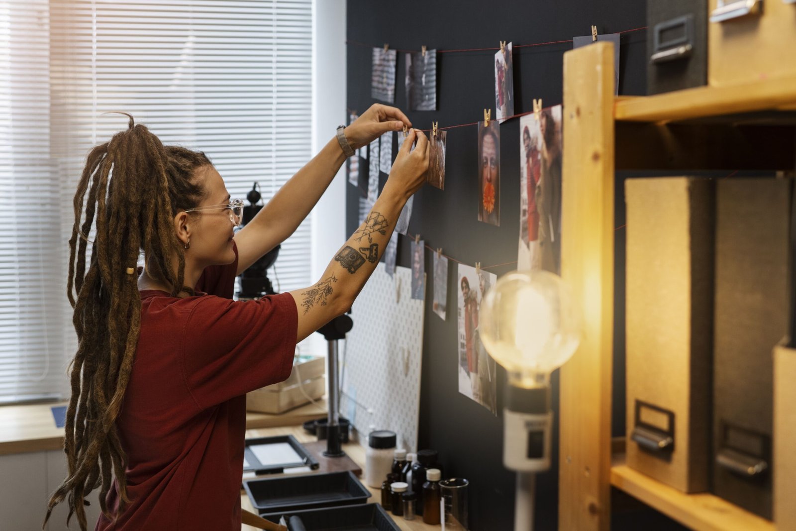 Mujer organizando fotografías colgadas en pared durante proceso creativo de producción audiovisual.